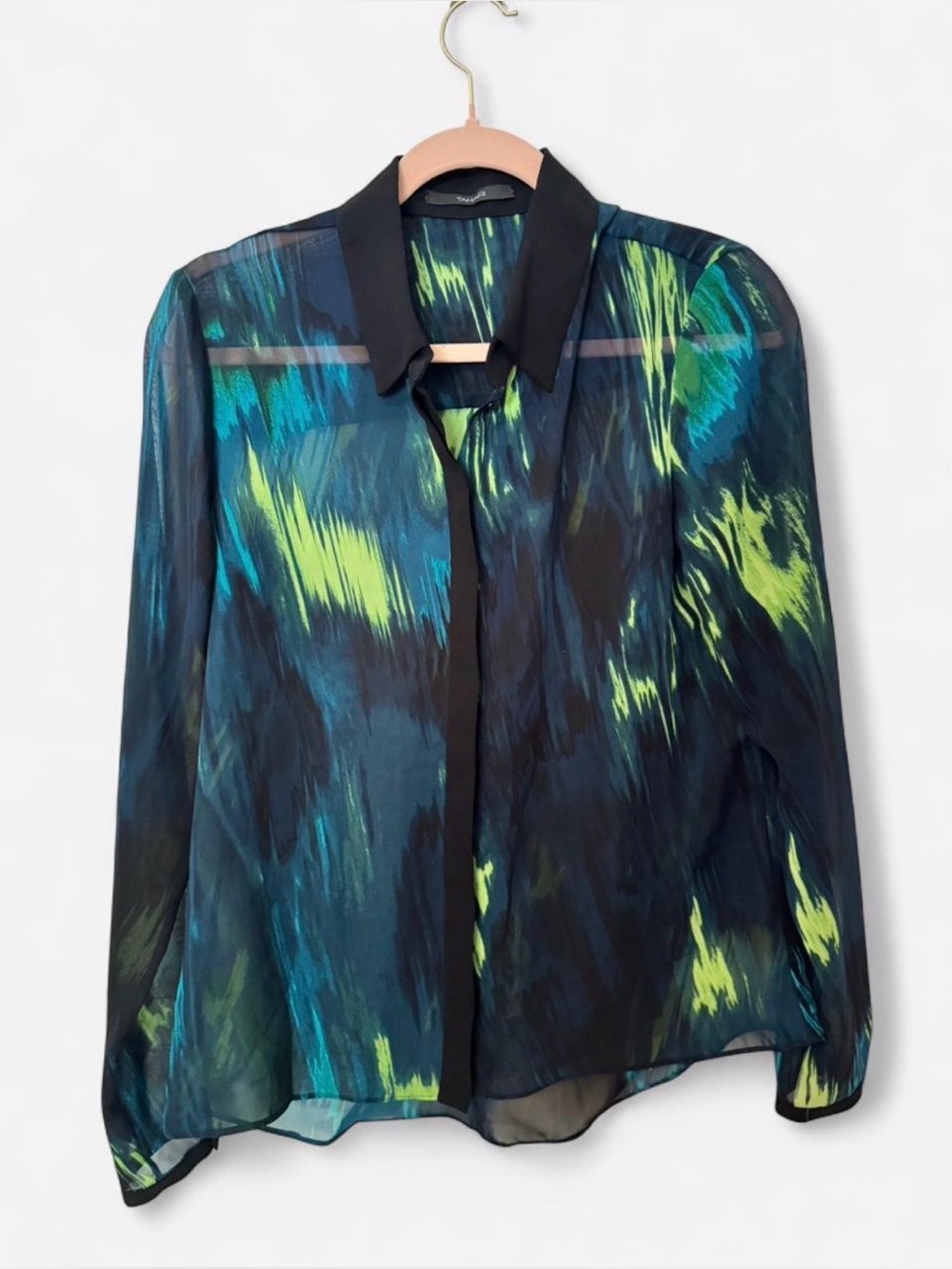Tahari Soho Green Abstract Brushstroke Print Button Down Shirt